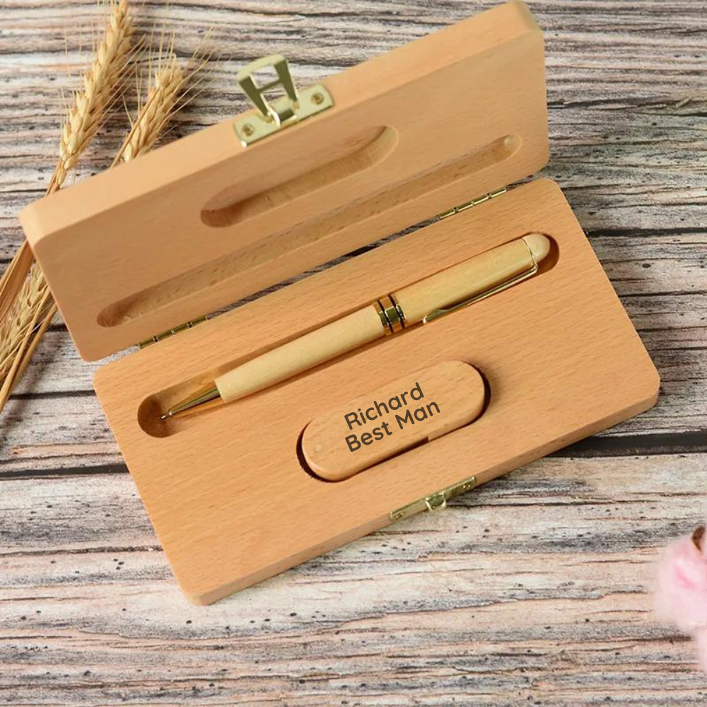 Personalised Ballpoint Pen USB Flash Drive Stick & Case Gift Beech Wood