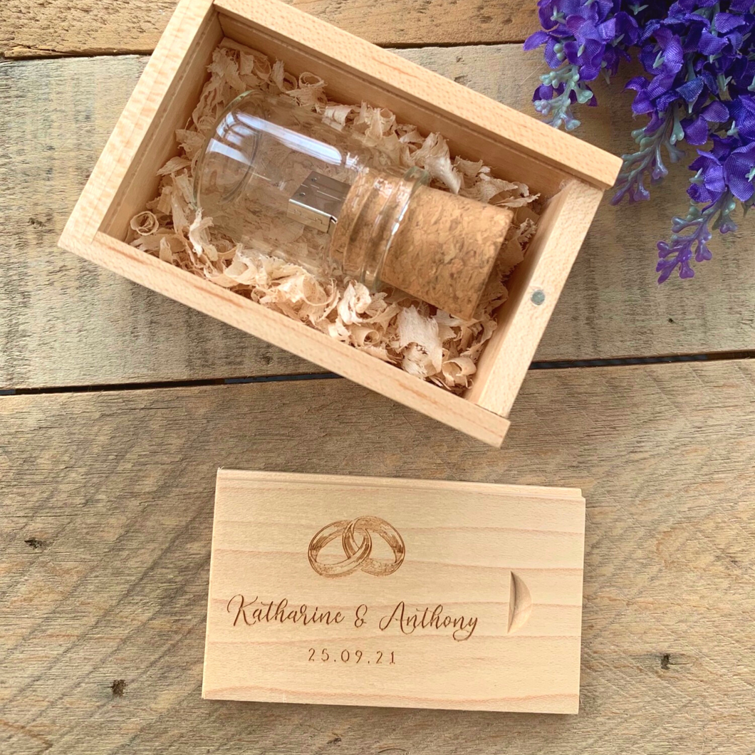 Personalised Cork Glass Bottle With Wooden Wood USB With Box 4GB- 64GB